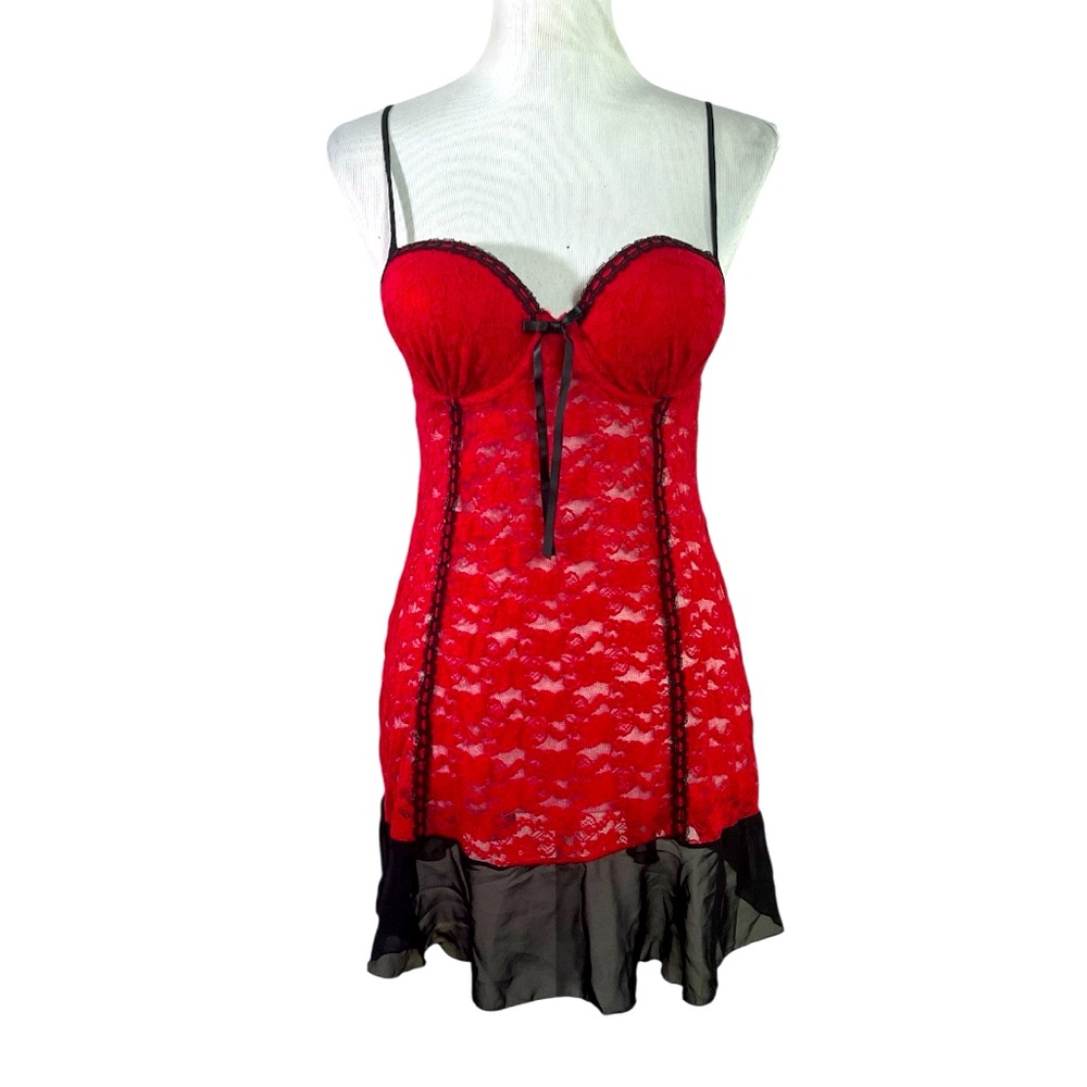 Vintage Linea Donatella sexy red & black lace padded babydoll chemise dress MED